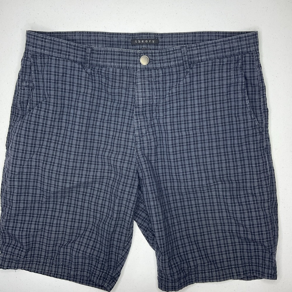 Theory Shorts Kirby Eldridge Plaid Flat Front Blue Cotton‎ Elastane Men Sz 36